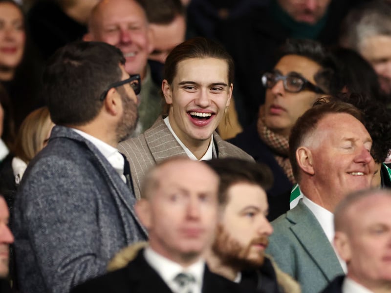 Alastair Wallace Stewart, son of Sir Rod Stewart, in the stands ahead of the match, with Still Game star Sanjeev Kohli alongside him.
