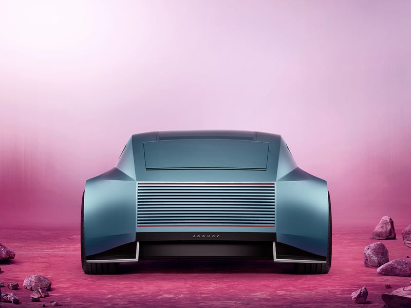 The Rear of the Jaguar Type 00 in London Blue. The concept image appears to have no windscreen