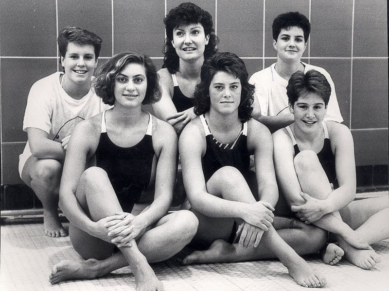 Sheffield Ladies Water Polo team in October 1987, showing, L to R rear, Rachel Crowder, Linzi Motley and Lisa Hibbert; and L to R front, Elaine Richards, Kirsty Renshawe and Katy Cam