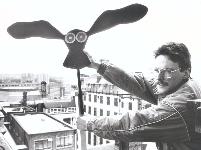 Neil Wilkinson with the 'Harry the Hawk' bird scarer to keep birds off buildings in Sheffield in 1987