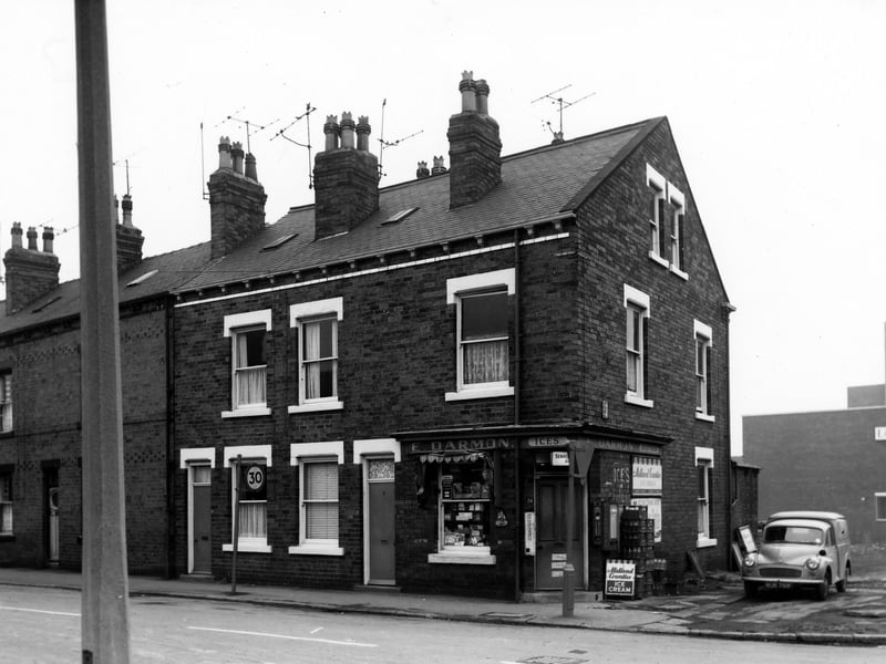 Royds Lane in October 1968. In focus is a shop, the business of E. Darmon, dairyman, who sold ice-creams, cigarettes and milk.