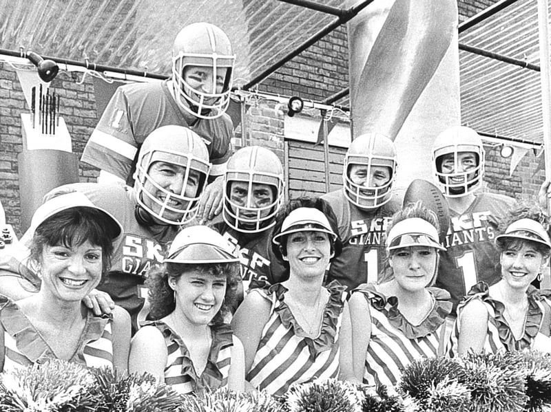 American football costumes with cheer leaders make up the SKF Dormer Tools float at the Lord Mayor's Parade on May 30, 1987