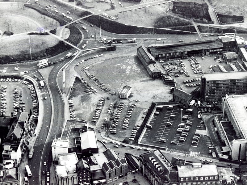 An aerial view of the Ponds Forge site at Park Square in December 1987