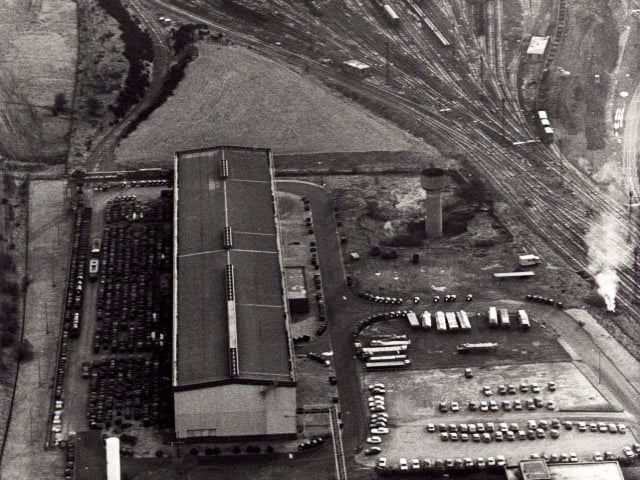 An aerial view of Tinsley Marshalling Yards, Sheffield, in December 1987