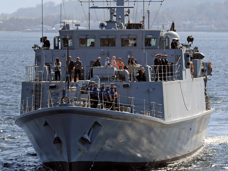HMS Pembroke Sandown-class minehunter, sold to Romania in 2023 after being decommissioned in 2021. During her career, she safely disposed of a Russian mine off the coasts of Lithuania which dated back to the First World War.
