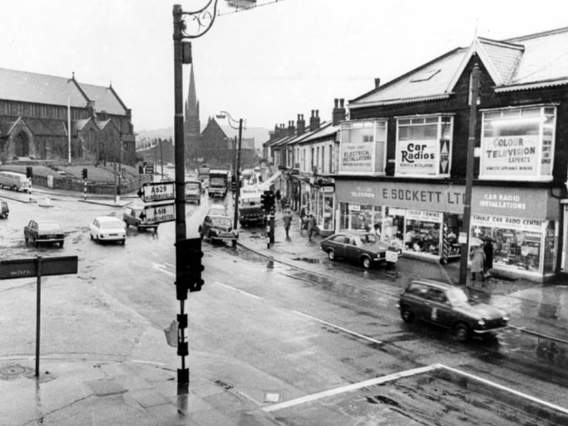 E. Sockett Ltd television and radio store, on Barnsley Road, Fir Vale, Sheffield, at the junction with Herries Road (left) and Firth Park Road (right), in July 1993