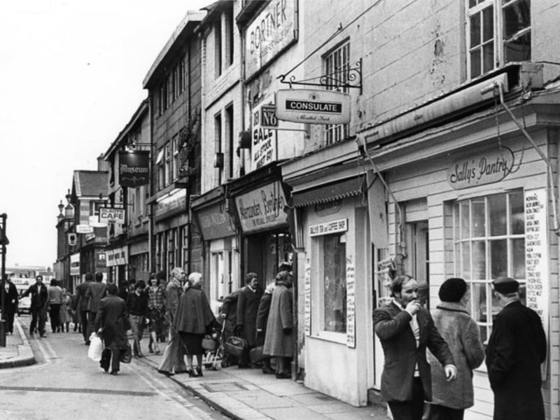 Orchard Street, Sheffield, in March 1980, showing Sally's Pantry; Sally's Tea and Coffee Shop; Alexander Bortner, jeweller; John Nolan, jeweller; and The Museum pub