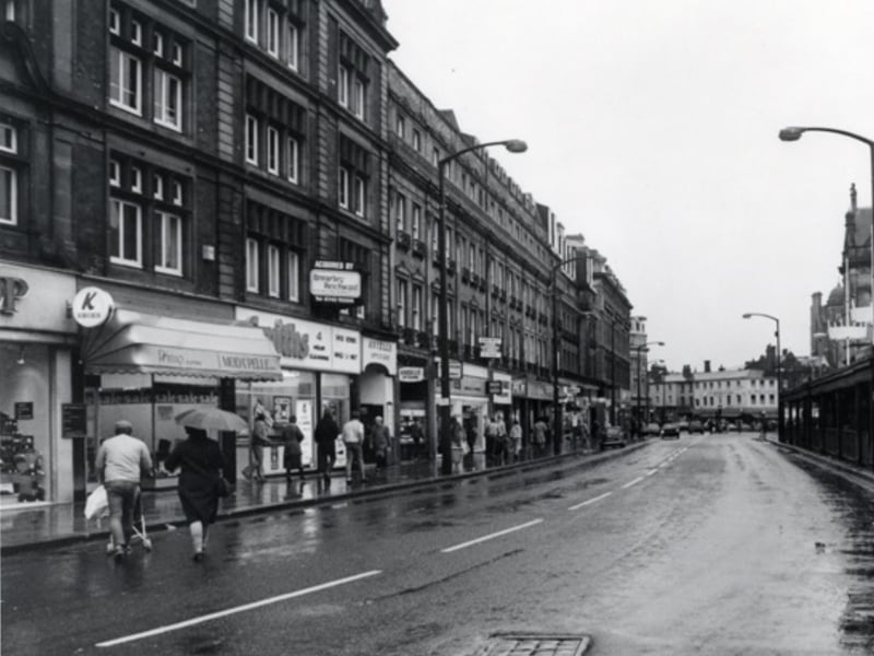 Shops on Pinstone Street, Sheffield city centre, in February 1984