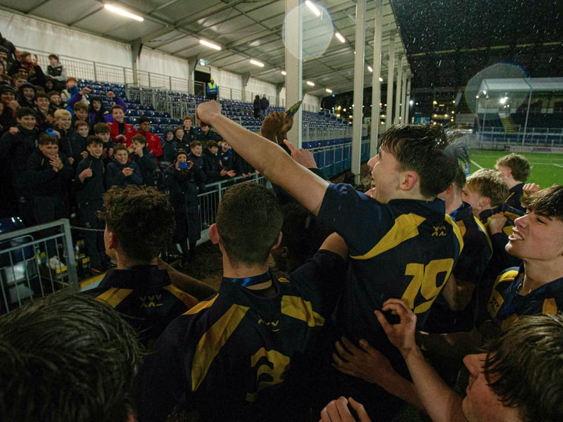 Robert Gordon's College players celebrate at full time after victory in the Under-18 plate final.
