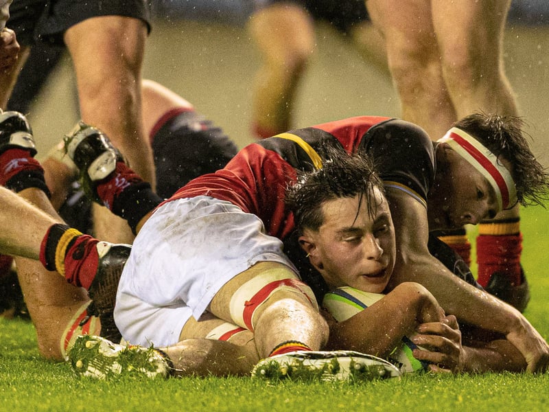 A Merchiston Castle School try during the Under-18 Schools Cup final against Stewart's Melville College.