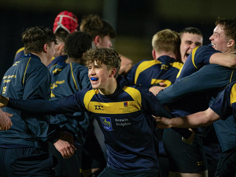 Robert Gordon's College players celebrate at full time after victory over Glenalmond College in the Under-18 plate final.