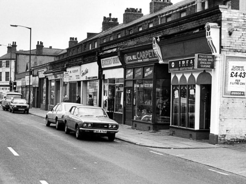 Shops on Spital Hill, Burngreave, in 1983, including Spital Hill Carpets and Eastern Orbit, menswear