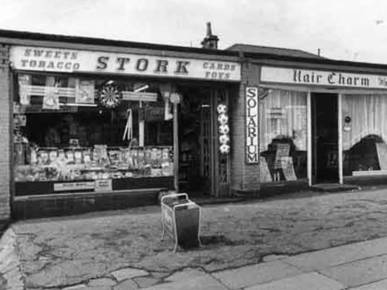 Businesses on Mansfield Road, Intake, in 1985, showing Stork newsagents; Hair Charm, hairdressers and solarium; and Bendix Launderette