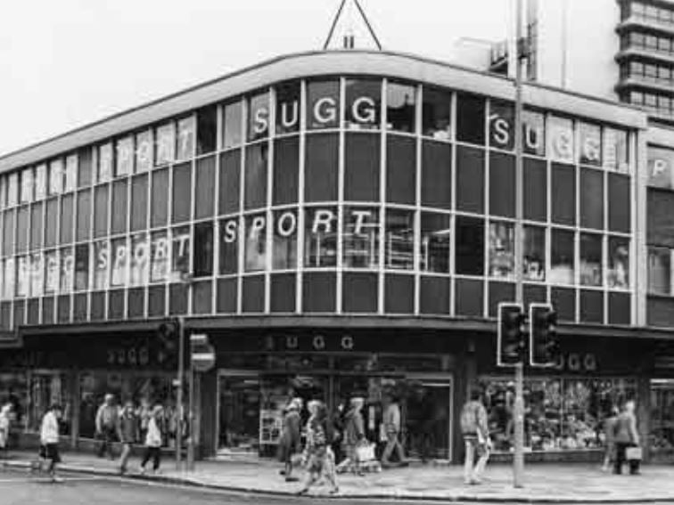 Sugg Sport shop, on Pinstone Street, at the junction with Charles Street, Sheffield city centre, in October 1985