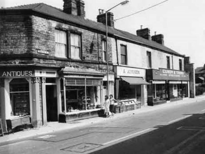 Businesses on South Road, Walkley, in 1981, including Canterbury Place Antiques and Cundy and Trim, upholsterers