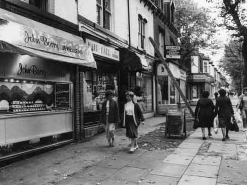 Shops on Ecclesall Road South, Sheffield, in 1982, including John Barry, jewellers