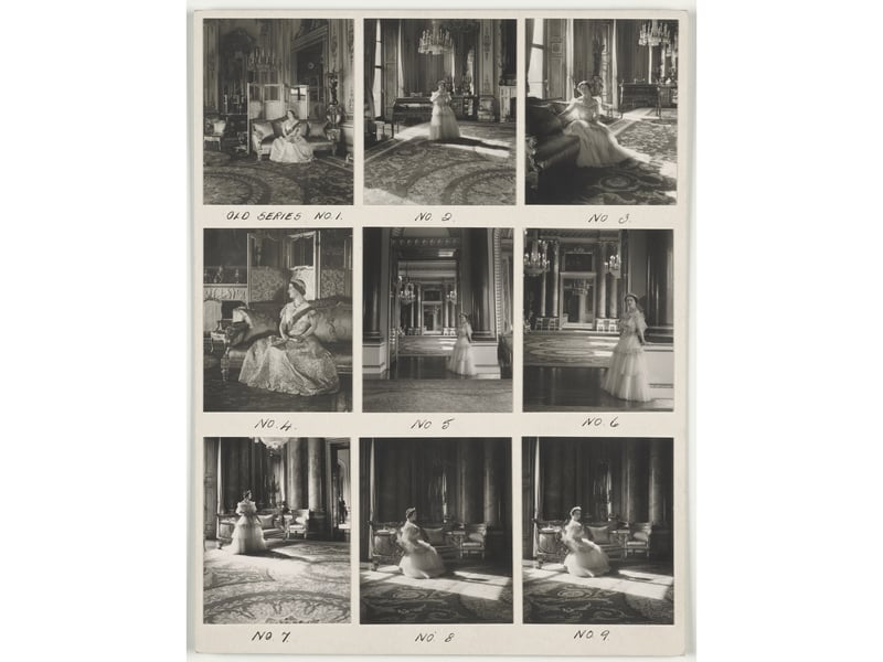 A contact sheet of photographs taken by Cecil Beaton of Princess Elizabeth, in 1939.