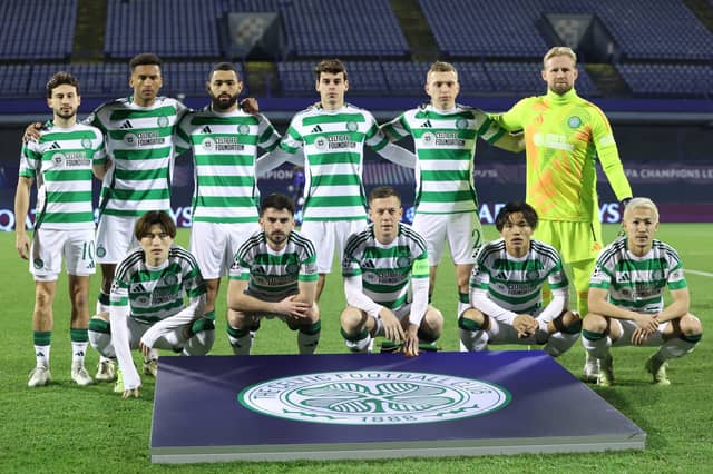 Celtic players line up ahead of the Champions League match against Dinamo Zagreb. (Photo by DAMIR SENCAR/AFP via Getty Images)