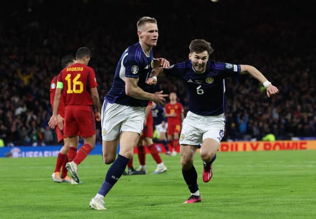 Scott McTominay celebrates scoring his second goal during the UEFA EURO 2024 qualifying round group A match between Scotland and Spain. Cr: Getty Images.