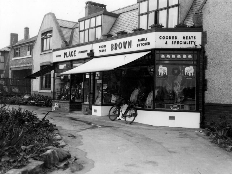 Two shops, situated between Holt Lane and Farrar Lane. On the left number 469, grocers and greengrocers, belonging to a person named Place. On the right Charles Brown, butcher, number 471.