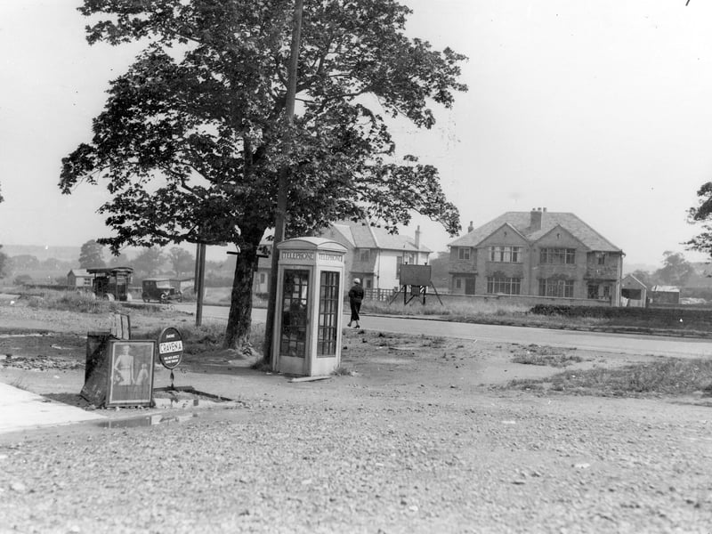 A telephone kiosk at corner of Farrar Lane with Otley Road. Pictured in June 1936.