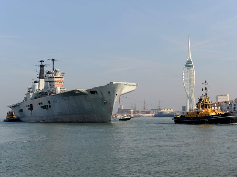 HMS Invincible served as the Royal Navy flagship between 1993 and 2005. She played a major role in various conflicts, including The Falklands, Kosovo and Iraq. She is pictured leaving Portsmouth for the final time on March 24, 2011.
