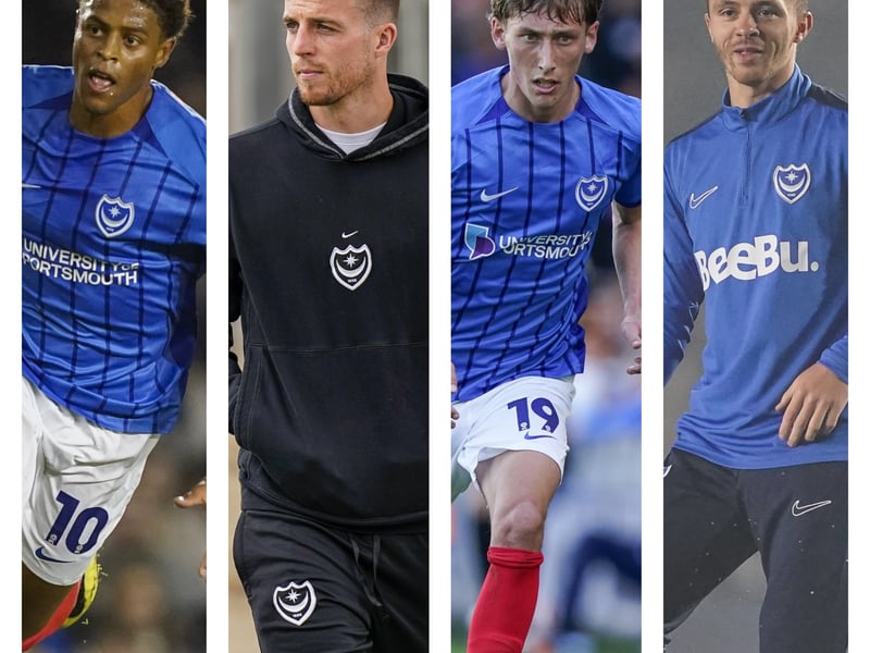 Pompey’s injured player include, from right to left, Kusini Yengi, Conor Shaughnessy, Jacob Farrell and Jordan Williams.
