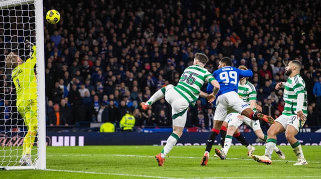 Rangers forward Danilo equalises to take the Premier Sports Cup final into extra-time. Cr: SNS Group.