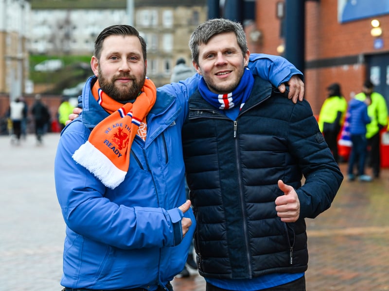 Two Rangers fans pose for the camera ahead of the clash at Hampden.