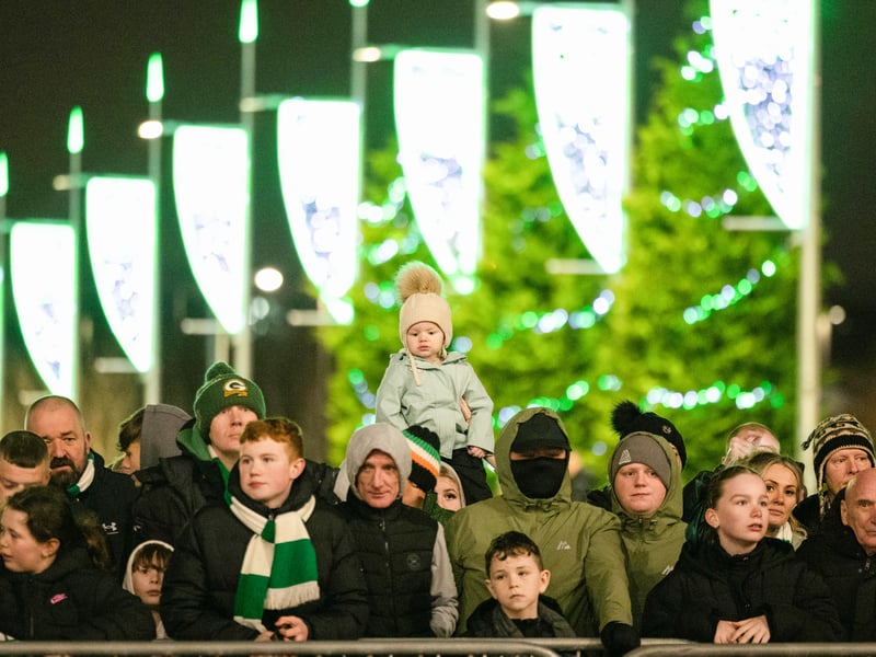 Celtic fans wait at Celtic Park as the team return home with the Premier Sports Cup.