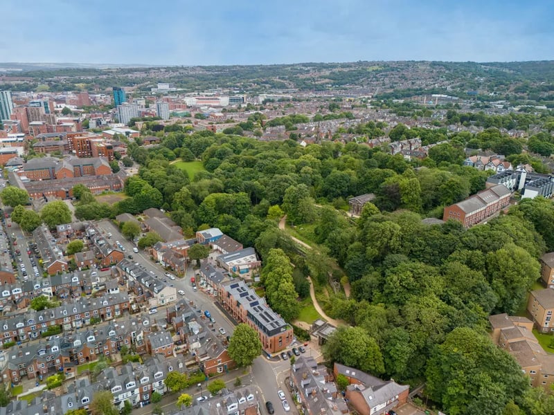 eXp World Ltd provided this photo of the mews from the air and takes in the whole of the Sheffield General Cemetery behind it, showing owning the house is also claiming a piece of this stunning area.