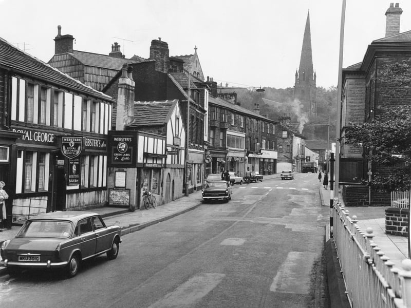 Looking up the main shopping centre in October 1969 - the spire of the Unitarian Church in the distance.