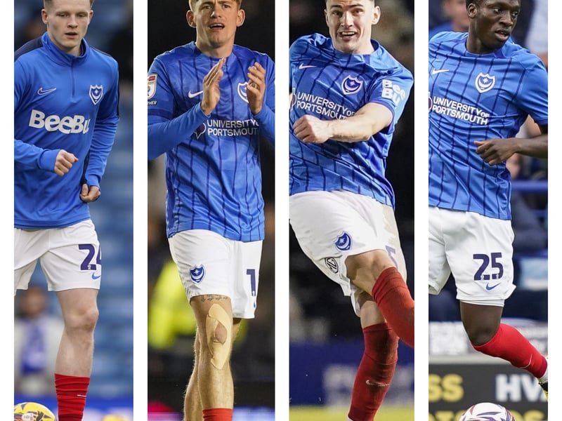 Pompey boss John Mousinho has given injury updates on his squad, including (from left to right): Terry Devlin, Elias Sorensen, Regan Poole and Abdoulaye Kamara.