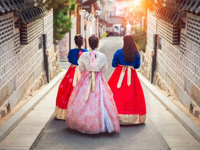 In South Korea, the Lunar New Year, known as Seollal, is a time for family gatherings and paying respect to ancestors. Traditional customs include wearing hanbok (traditional Korean attire - pictured), playing folk games such as 'yutnori', and eating tteokguk, a rice cake soup that symbolizes growing a year older. Seollal is a three-day holiday, during which families exchange gifts and perform ancestral rites, known as 'charye', to honor their heritage.