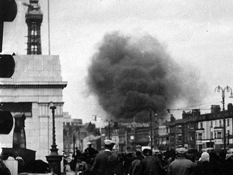 View from Blackpool Promenade as smoke rises over Central Station after an air crash 27th August 1941
The aircraft involved were a Bolton Paul Defiant from 256 Sqdn with a New Zealand crew and a Blackburn Botha from No.3 School of General Reconnaissance Coastal Command.