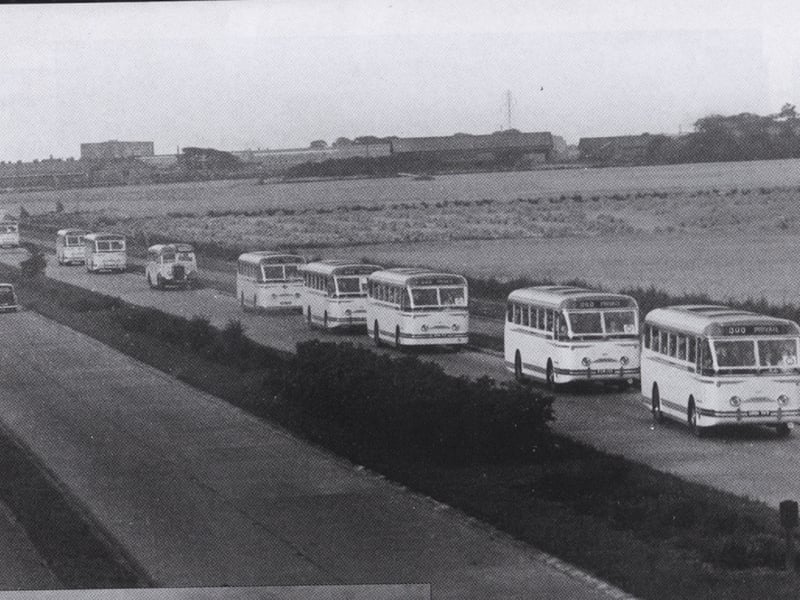 A fleet of Ribble Buses bound for Blackpool carrying Littlewoods Staff from Liverpool