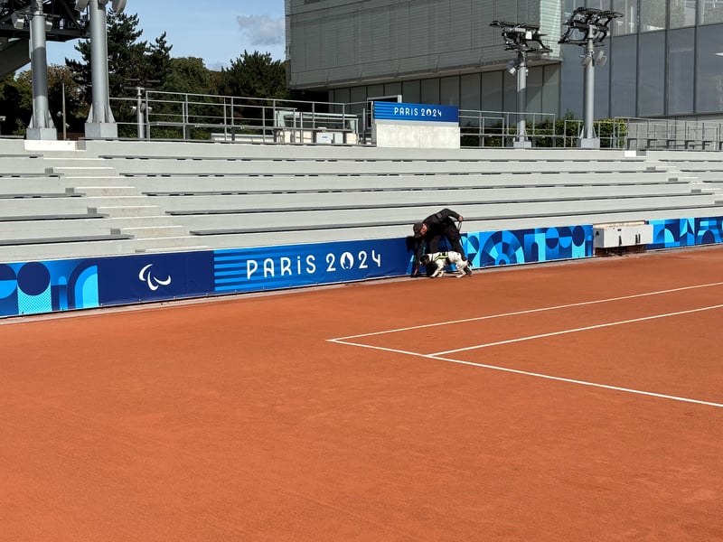 Police dog Cody hard at work at Roland Garros as part of an international policing operation at the 2024 Paralympic Games.