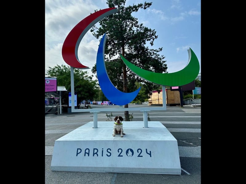 Cody sits under the 2024 aralympcis sign.