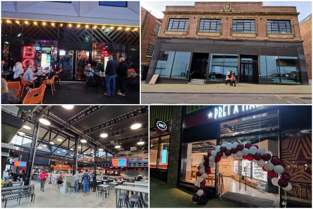 Clockwise from top left: BOX sports bar, Bethel Chapel, Pret a Manger and Cambridge Street Collective.