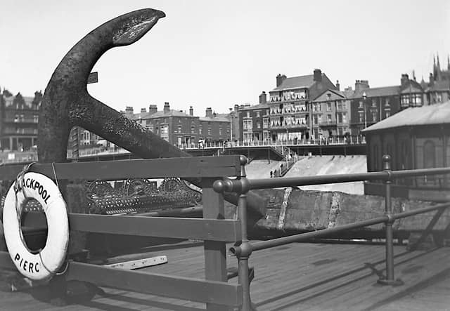 The Foudroyant 's anchor was displayed on North Pier, Blackpool, throughout the 1902 season, when this picture was taken.