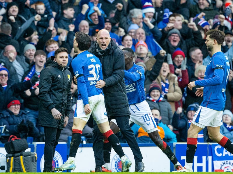 Supporters celebrate wildly as Ianis Hagi puts Rangers in front.