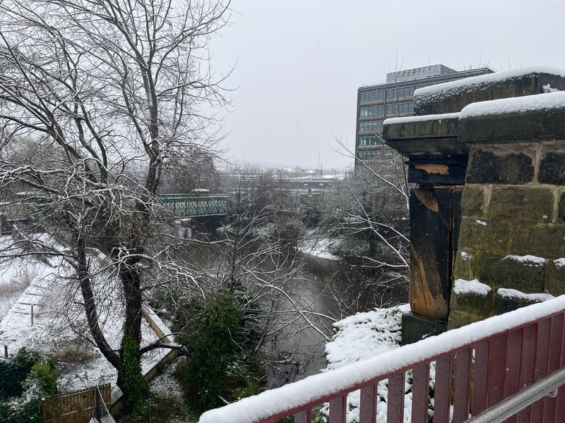Snow-draped trees towered over the River Aire as the downpour continued.