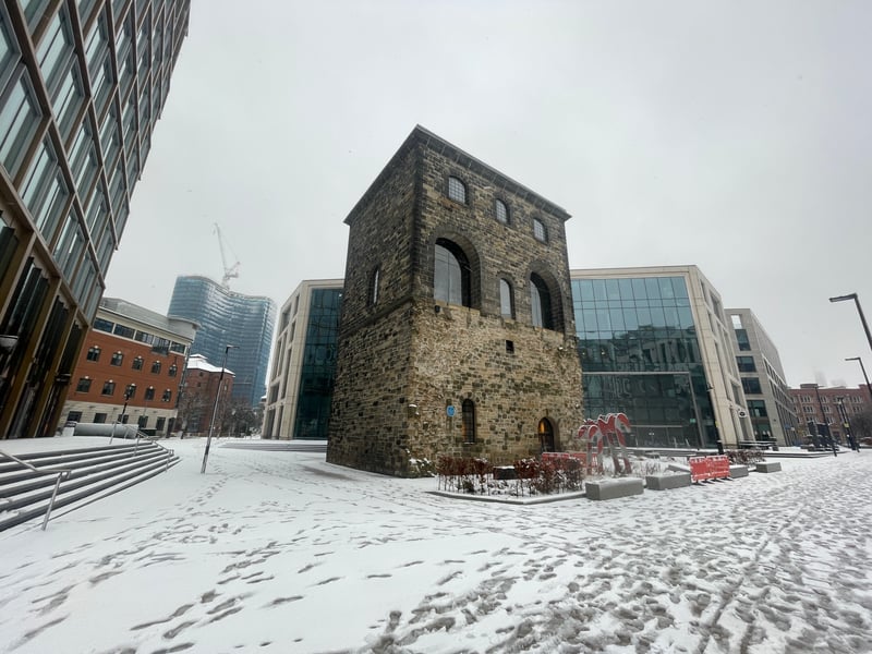 The Leeds skyline was painted white, with footprints left in the snow in Wellington Place.