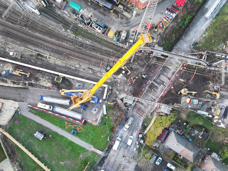 Over Christmas and New Year 2024, a team of over 110 engineers replaced the old Osmondthorpe Lane rail bridge. The new structure, which weighs 200 tonnes, was moved into position in one piece by a self-propelled modular transport (SPMT) vehicle. The new, stronger structure will enable tracks to be moved into a better position and allow faster and longer trains to run.