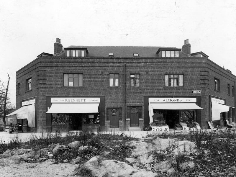 Parade of shops on Amberton Approach and Oakwood Lane in October 1937. Pictured, from left, are Jarrett Bros, P. Bennett, confectioner, Almonds fish and fruit, Mittons Newsagent.