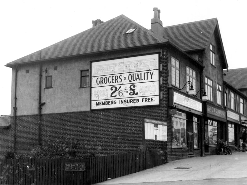 Thrift Stores at 176 Easterly Road with junction of Gipton Wood Road. Clifford Gunby, butchers can be seen on the right at 174 with Marjorie Stokoe, Ladies Hairdresser just visible next door. Pictured in October 1936.