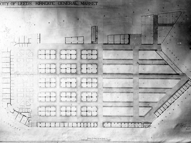An architects drawing of Plan of Kirkgate Market from September 1909.