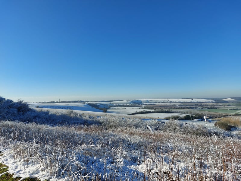 A blanket of now still remains on Butser Hill after yesterday's snowfall.