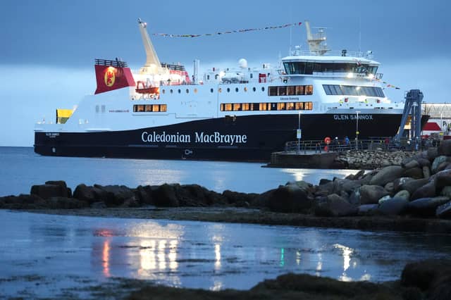 The Glen Sannox ferry journeys from Brodick on Isle of Arran to Troon on its first official day in service. The ferry, built at the Ferguson Marine shipyard in Port Glasgow, was initially due to be delivered in 2018
