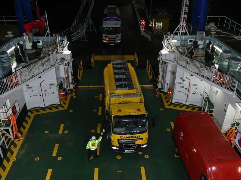 Vehicles board the Glen Sannox for its first official passenger sailing in Troon. The MV Glen Sannox ferry commenced regular passenger sailings from Troon in Ayrshire to Brodick on the Isle of Arran on Monday, following budget woes and years of delays